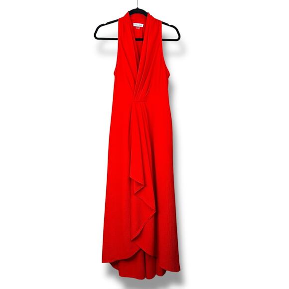 Calvin Klein Red Long Draped Halter V Sleeveless Ruffled Detailing Midi Dress - Picture 1 of 8